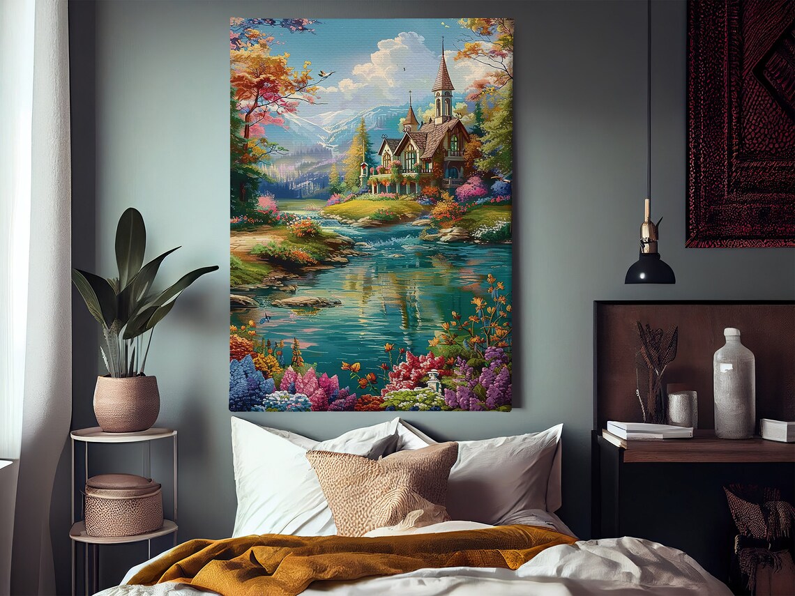 Storybook Cottage By Turquoise River Mountain Garden Fantasy Poster - Image 3