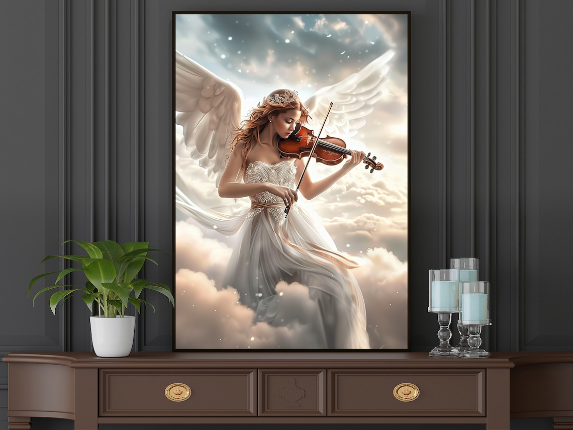 Angel Playing Violin Among Clouds Heavenly Music Fantasy Art Poster - Image 4