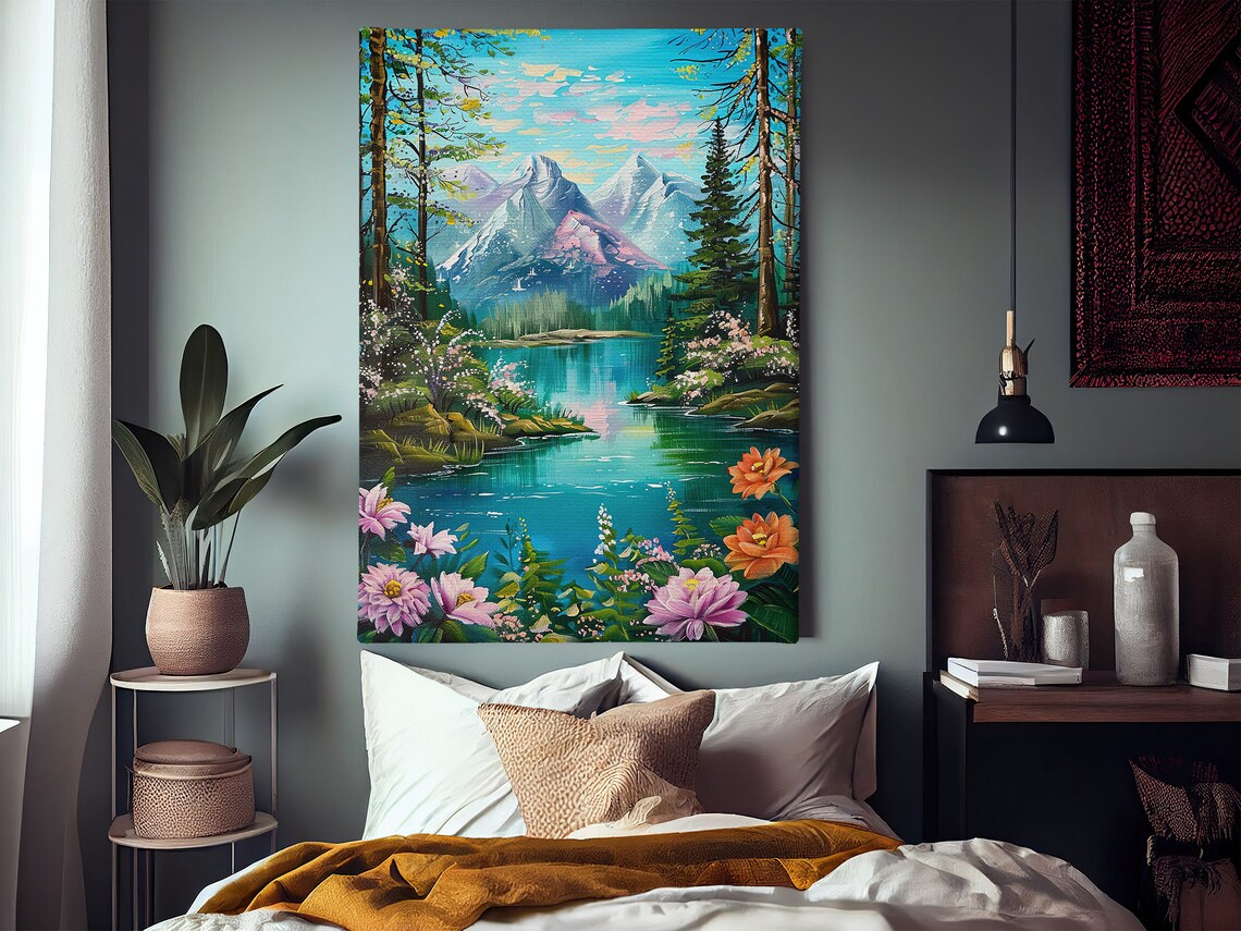 Snow Capped Mountain Lake Pine Forest Flowers Oil Painting Poster - Image 2