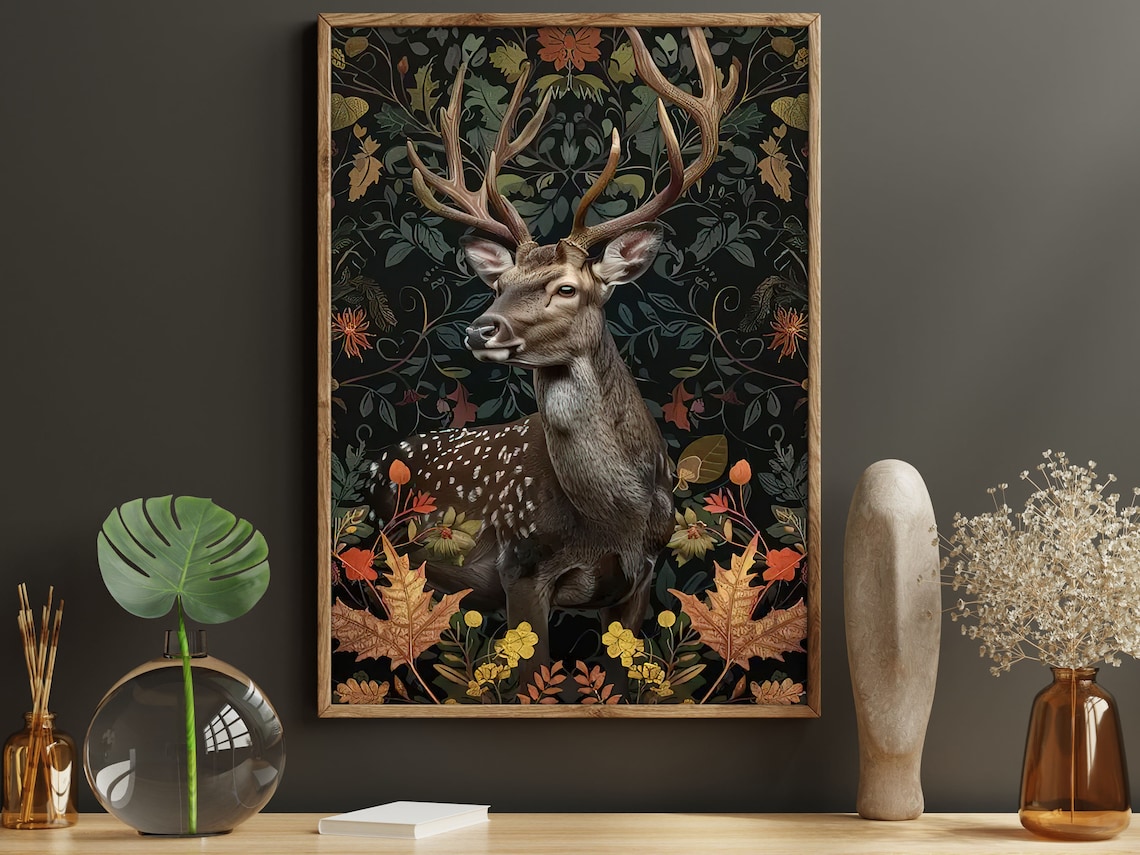 Spotted Stag With Majestic Antlers In Dark Botanical Forest Art Poster