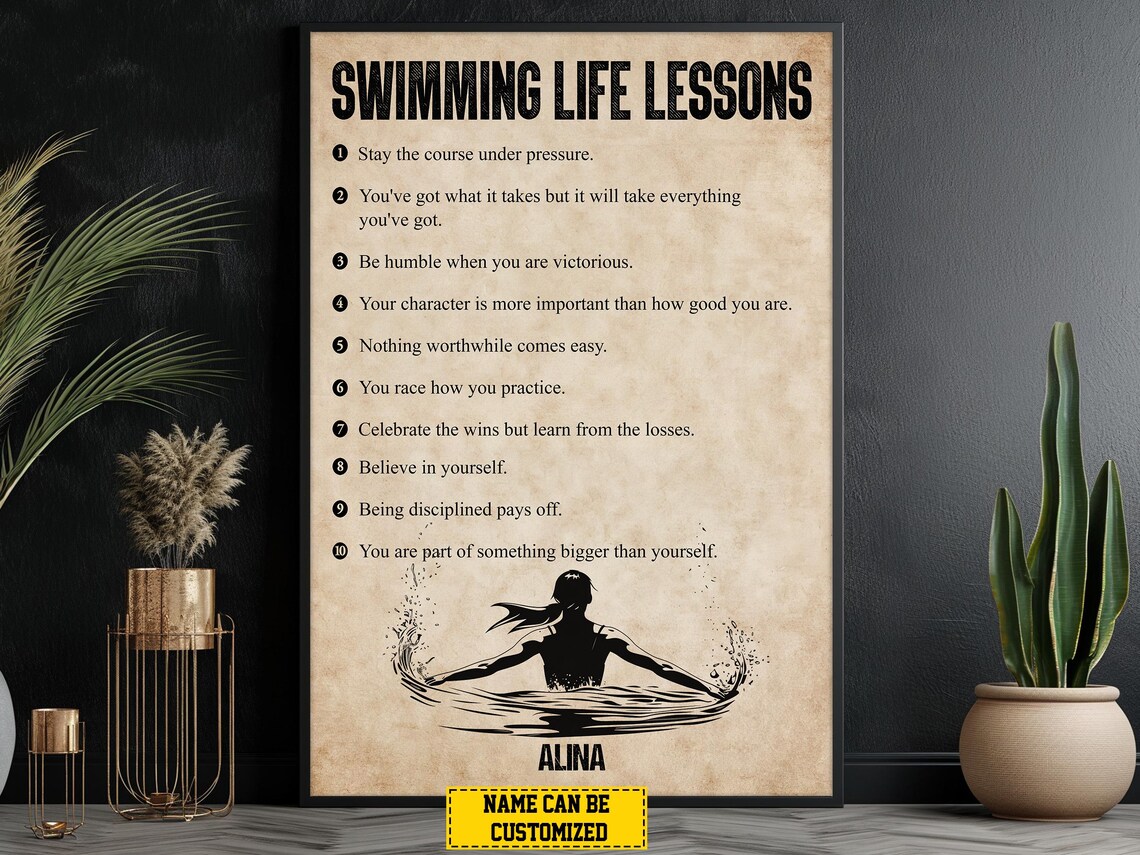 Personalized Swimming Life Lessons Swimmer Silhouette Custom Name Gift Wall Poster