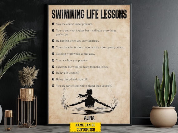Personalized Swimming Life Lessons Swimmer Silhouette Custom Name Gift Wall Poster