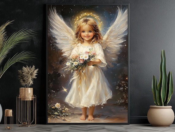 Little Angel Girl With Golden Halo Holding Flower Bouquet Night Poster