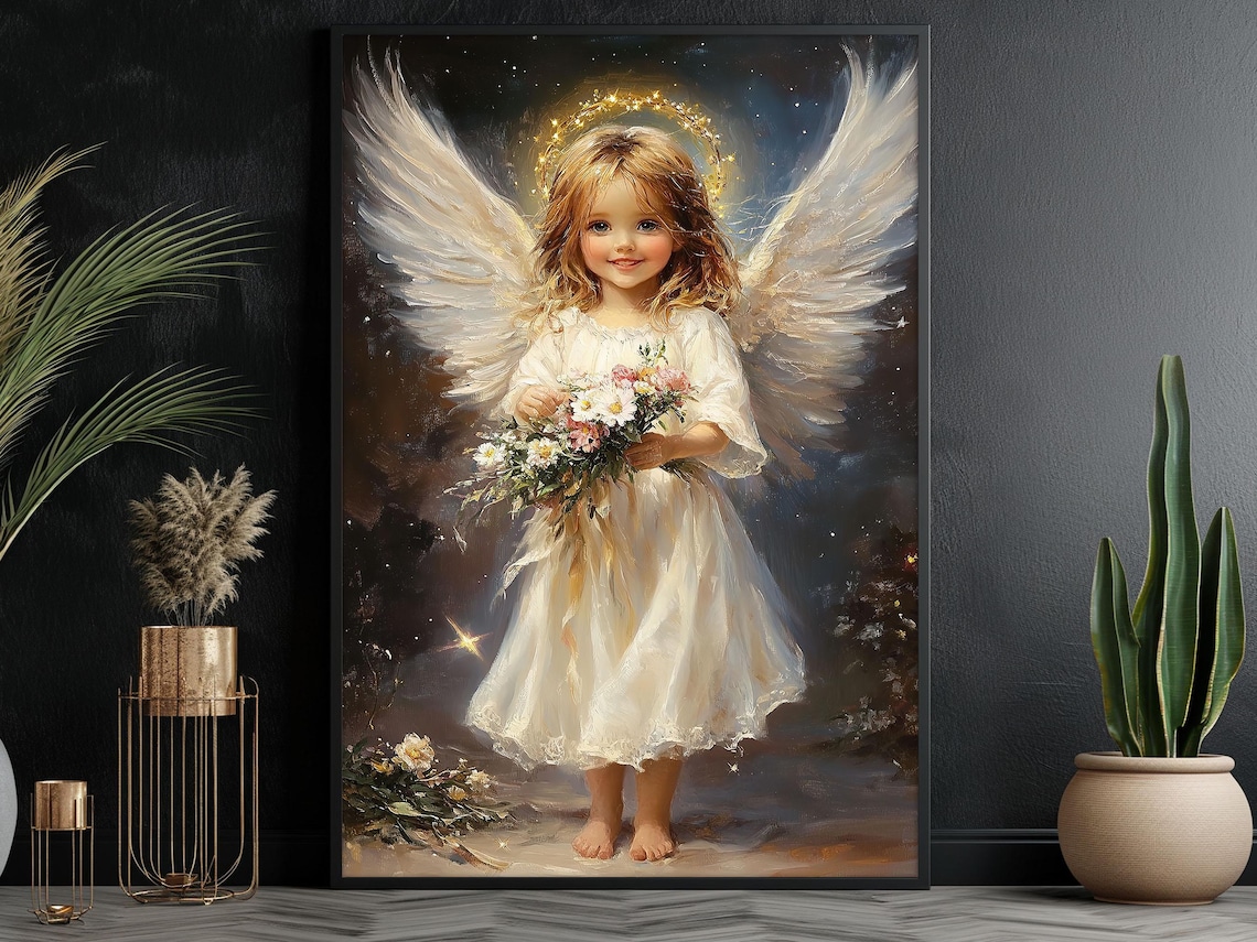 Little Angel Girl With Golden Halo Holding Flower Bouquet Night Poster
