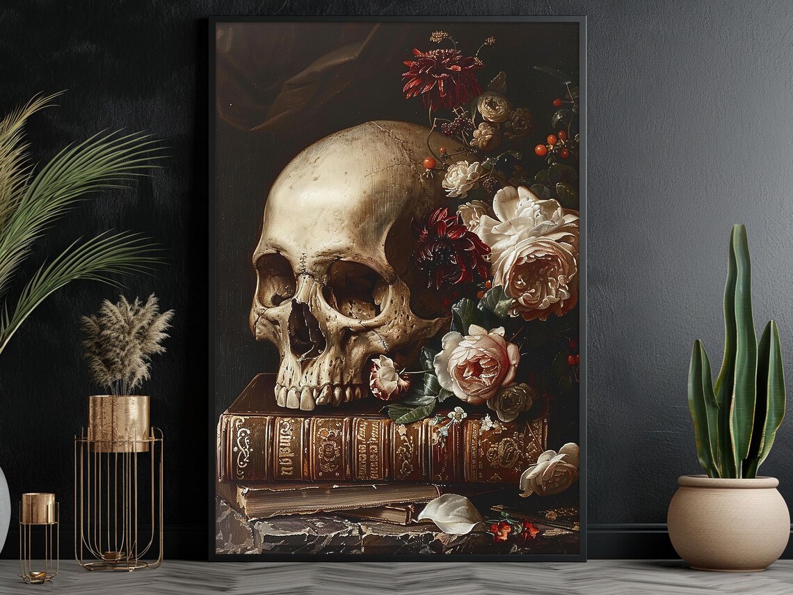 Vintage Skull Still Life with Roses on Antique Books Memento Mori Poster - Image 6
