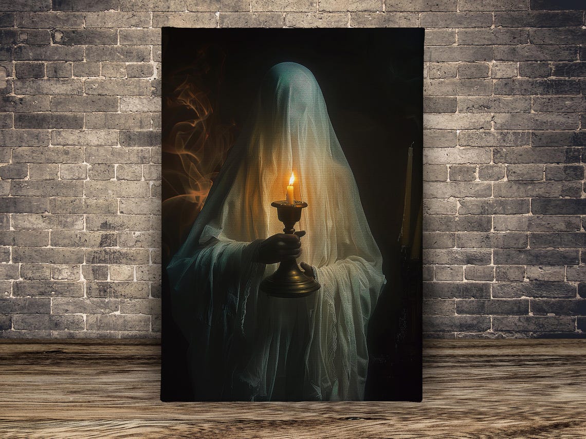 Veiled Ghost Holding Candle Dark Elegant Spooky Halloween Wall Art - Image 2