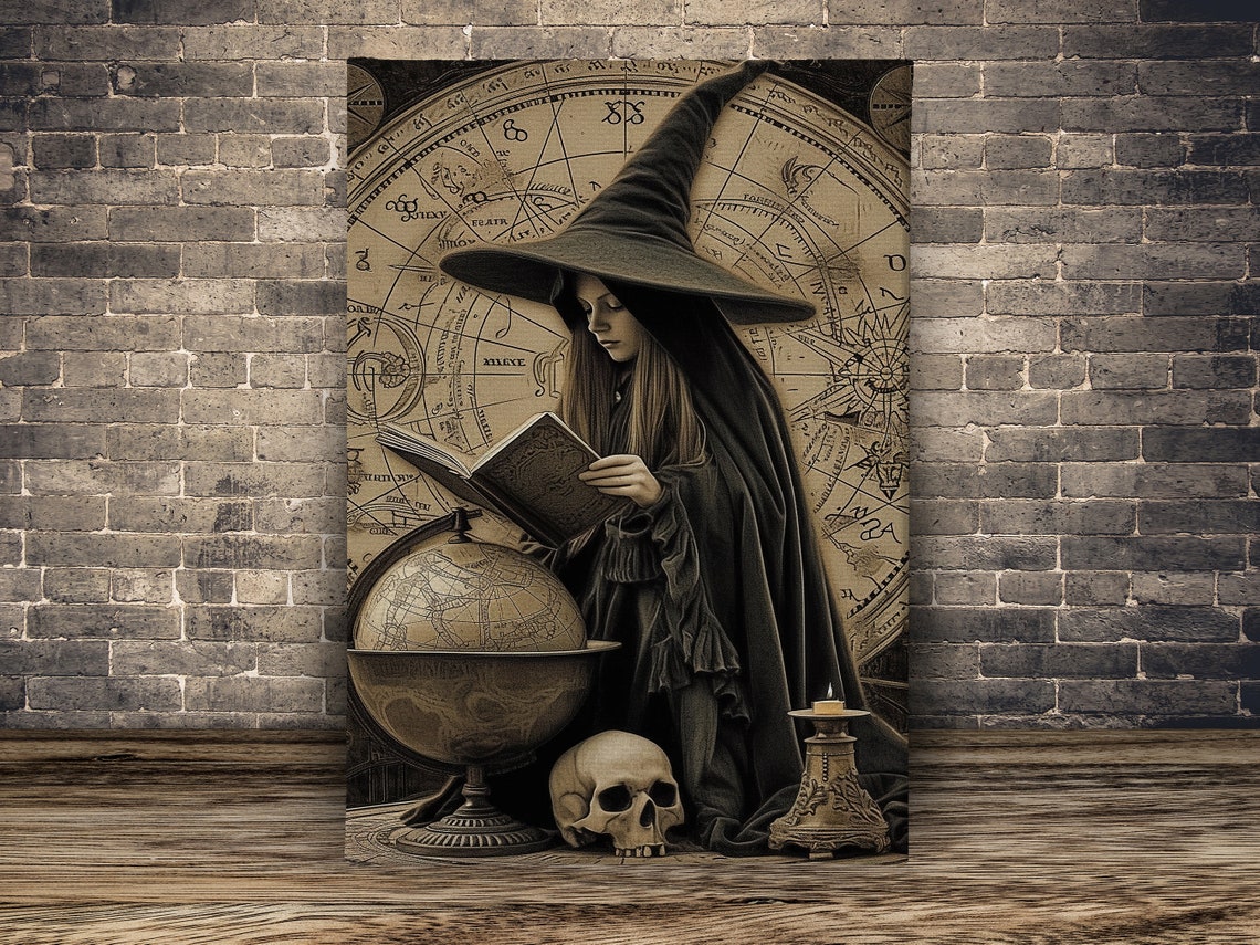 Vintage Witch Reading Spell Book With Skull Astrology Dark Art Poster - Image 3