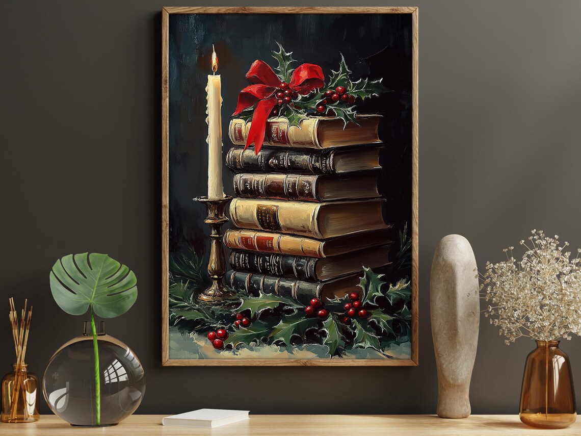 Vintage Christmas Candle and Books Poster Print - Image 6