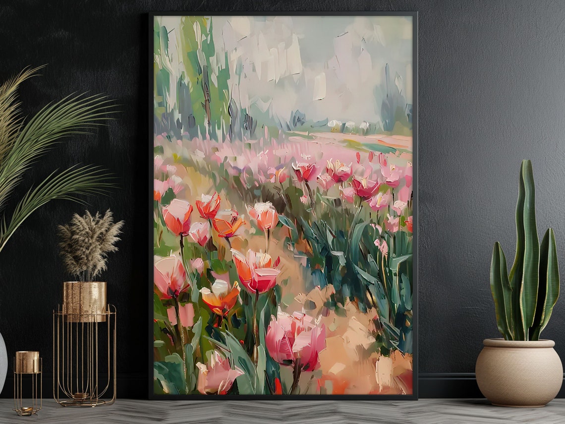 Pink And Red Tulip Field Spring Impressionist Floral Landscape Poster - Image 3