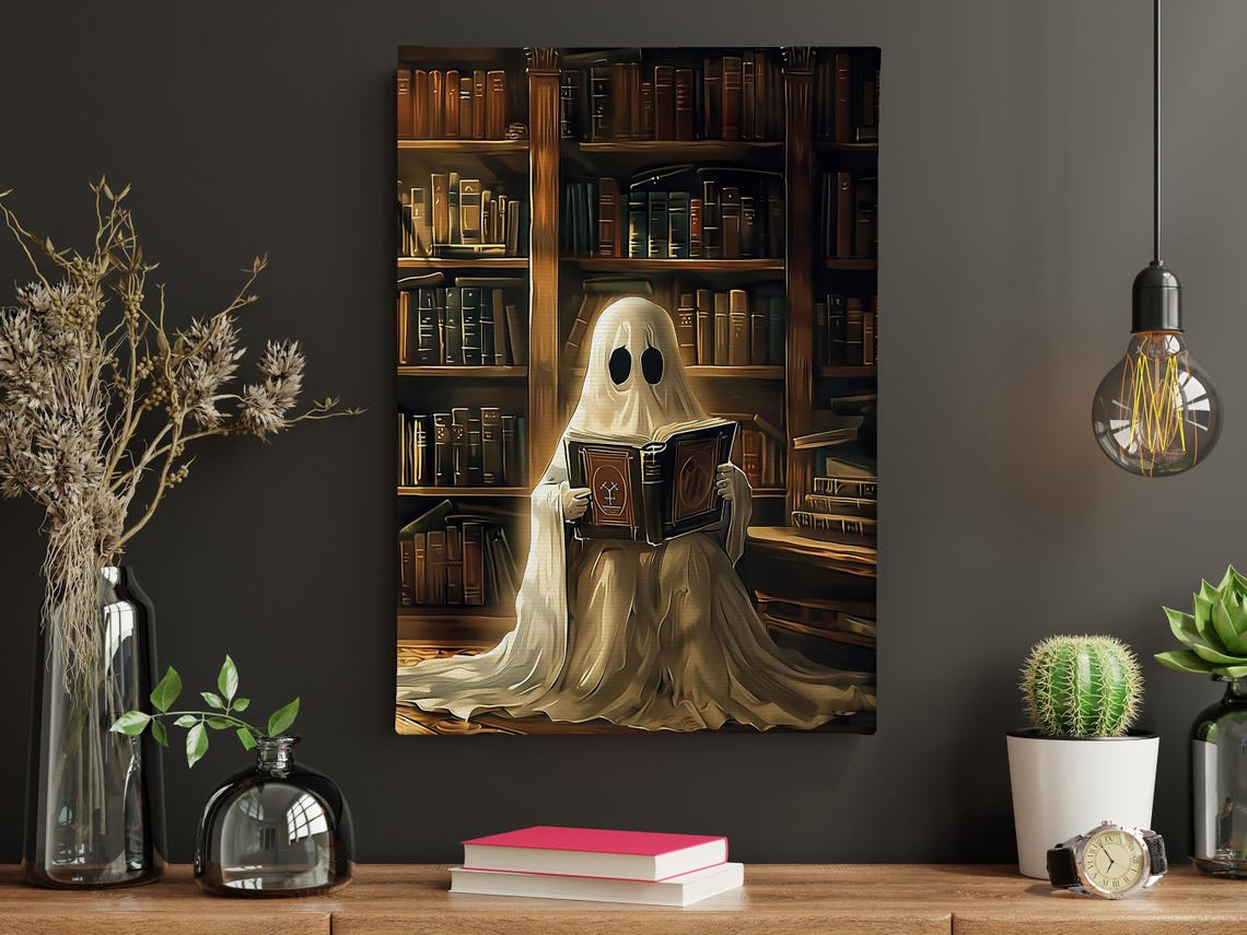 Ghost Reading Book In Grand Library Cozy Spooky Halloween Art Print - Image 5