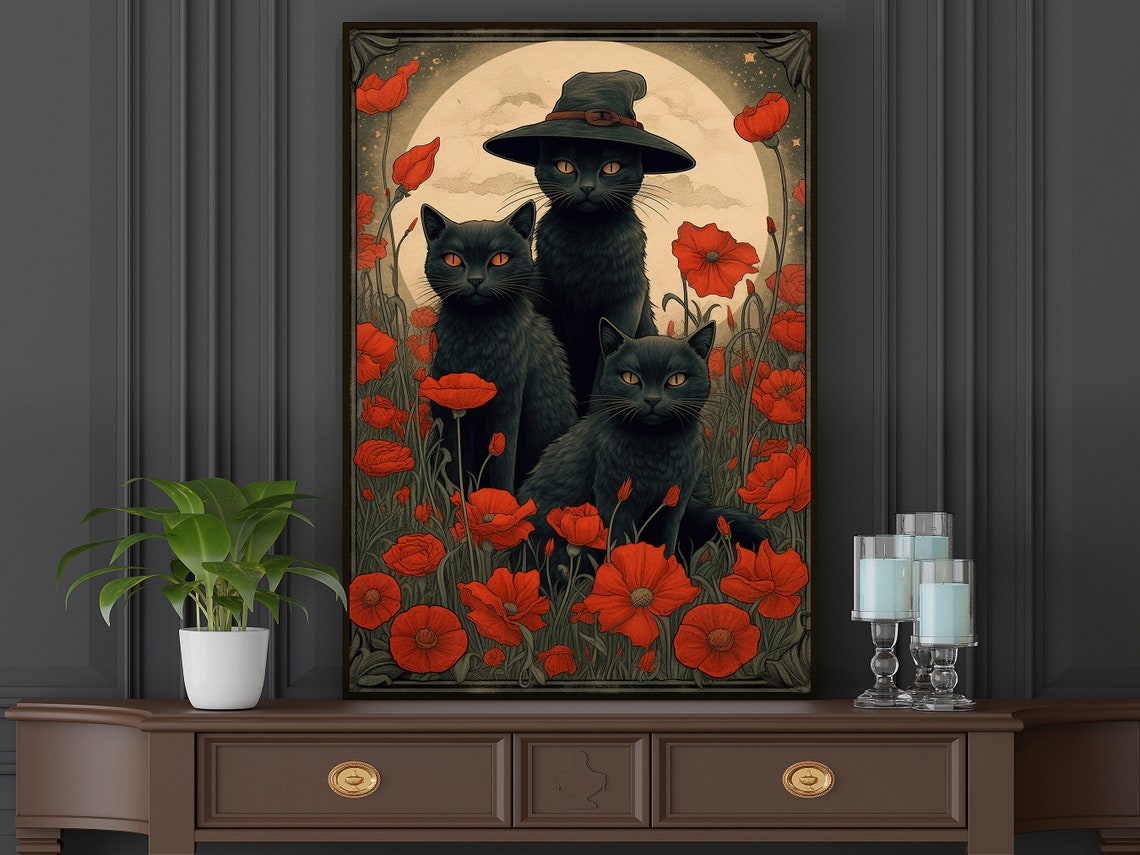 Three Black Cats In Red Poppy Field With Full Moon Halloween Poster - Image 5