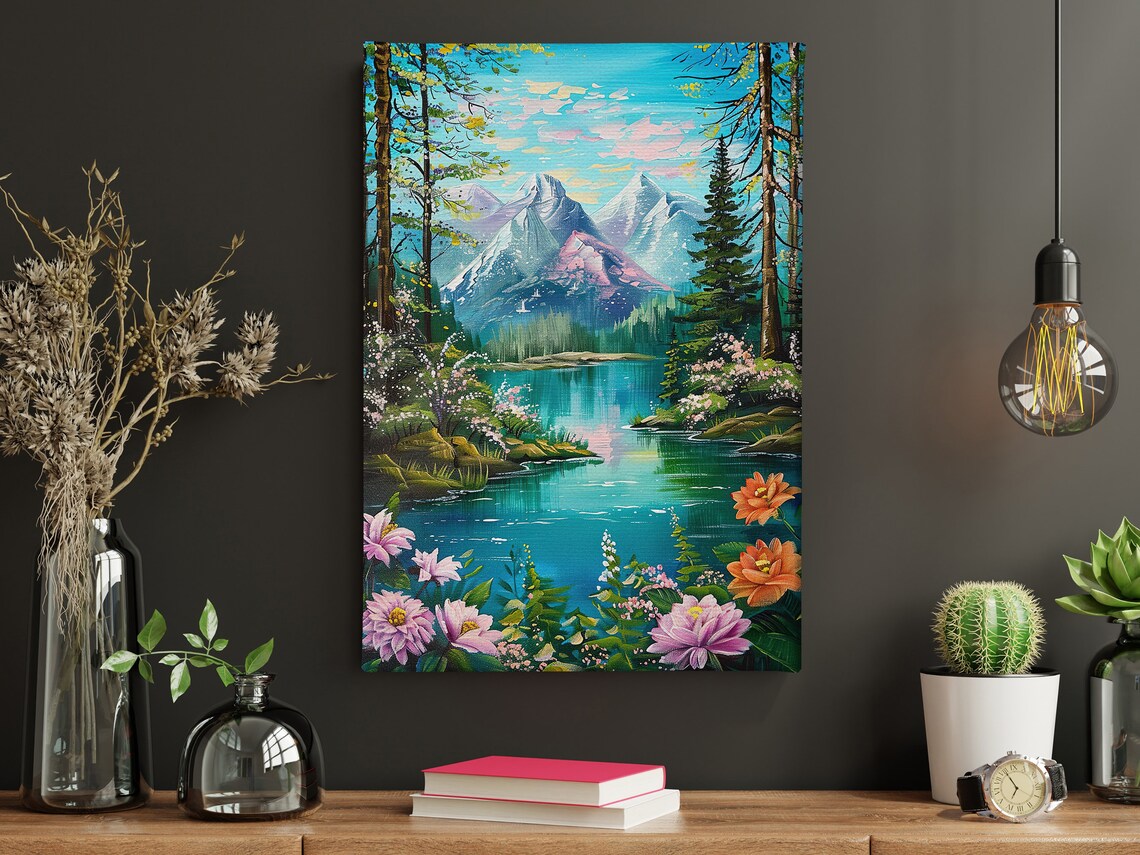 Snow Capped Mountain Lake Pine Forest Flowers Oil Painting Poster - Image 4