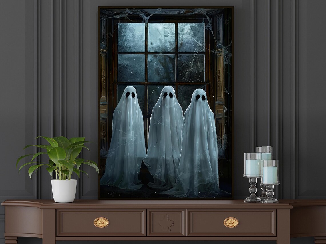 Three Ghosts by Moonlit Window with Spiderwebs Haunted Night Art Poster - Image 6