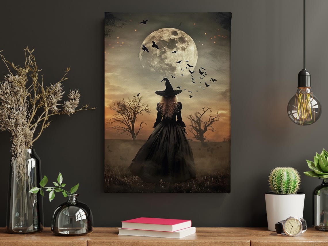 Witch In Field Under Full Moon With Bats Spooky Halloween Art Print - Image 5