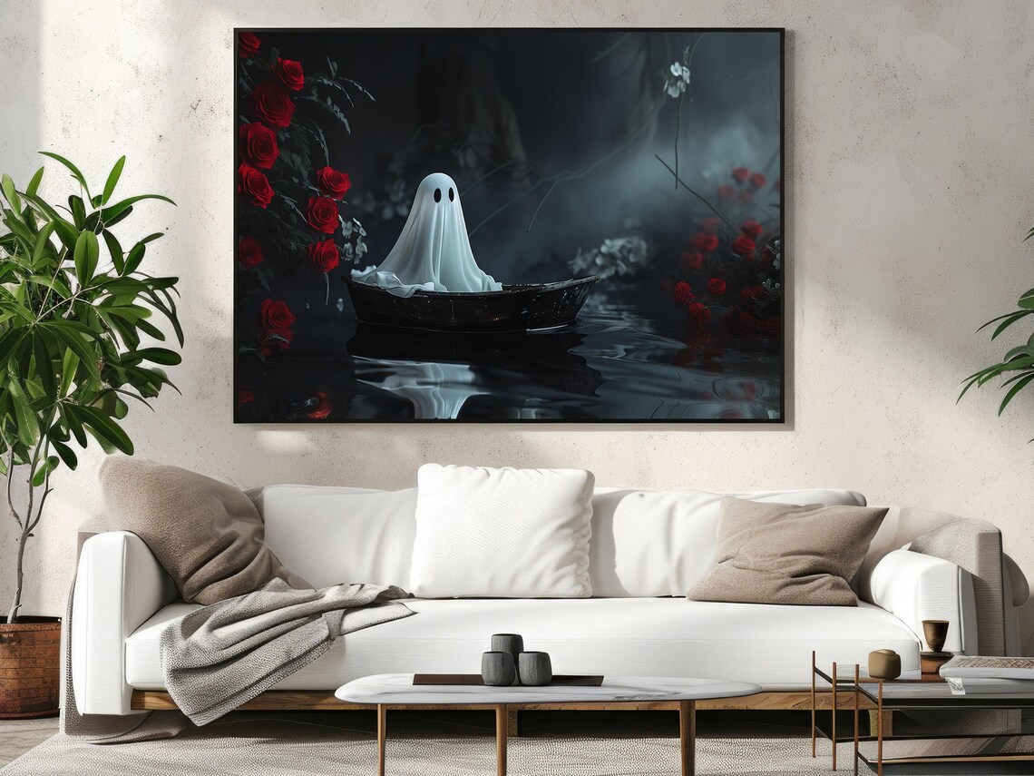 Dark Ghost in Rowboat on Misty Water Surrounded by Red Roses Poster - Image 3