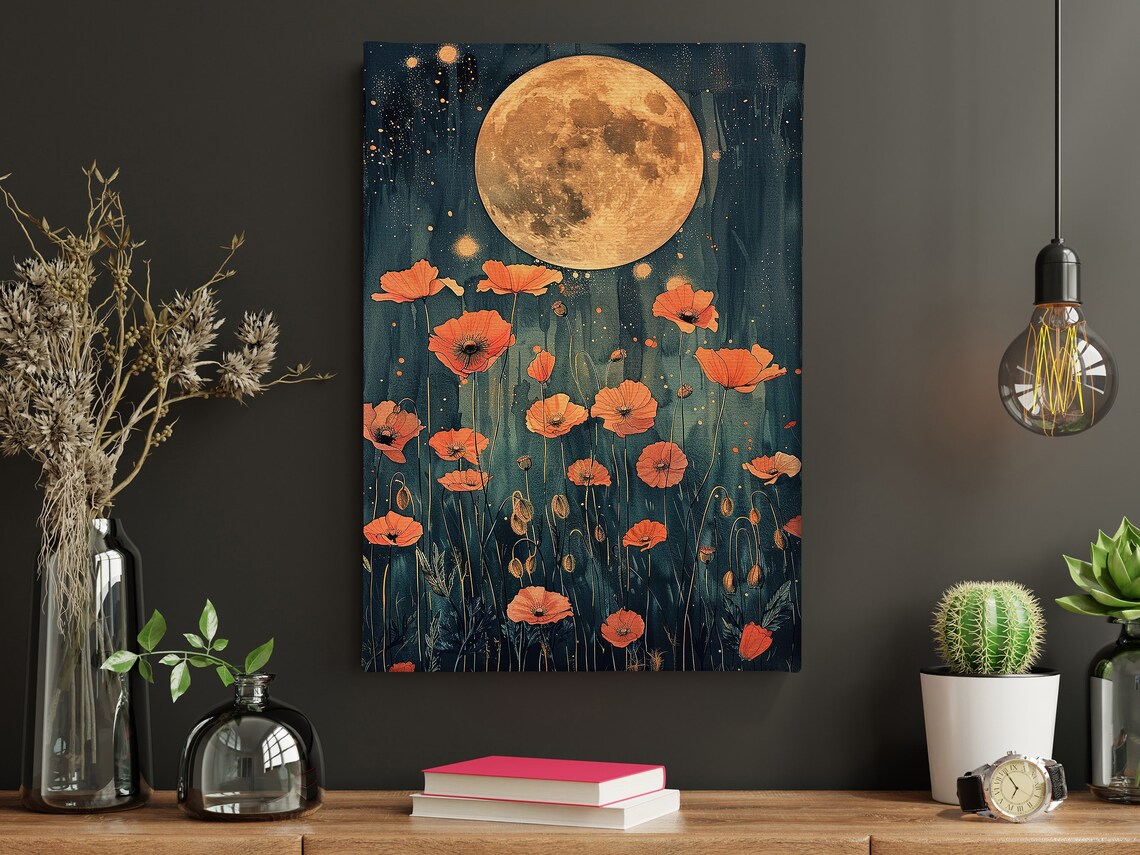 Harvest Moon Over Orange Poppies Dreamy Night Sky Botanical Poster - Image 4