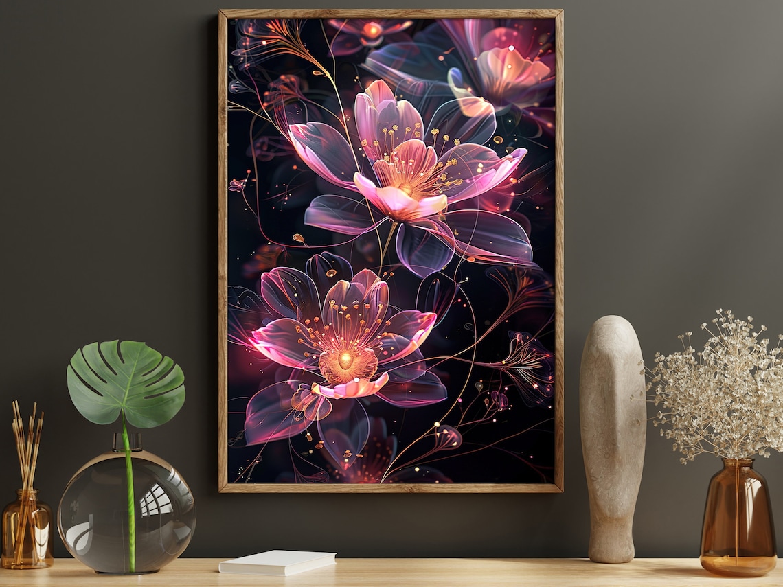 Glowing Neon Pink Purple Flowers On Black Botanical Modern Art Poster