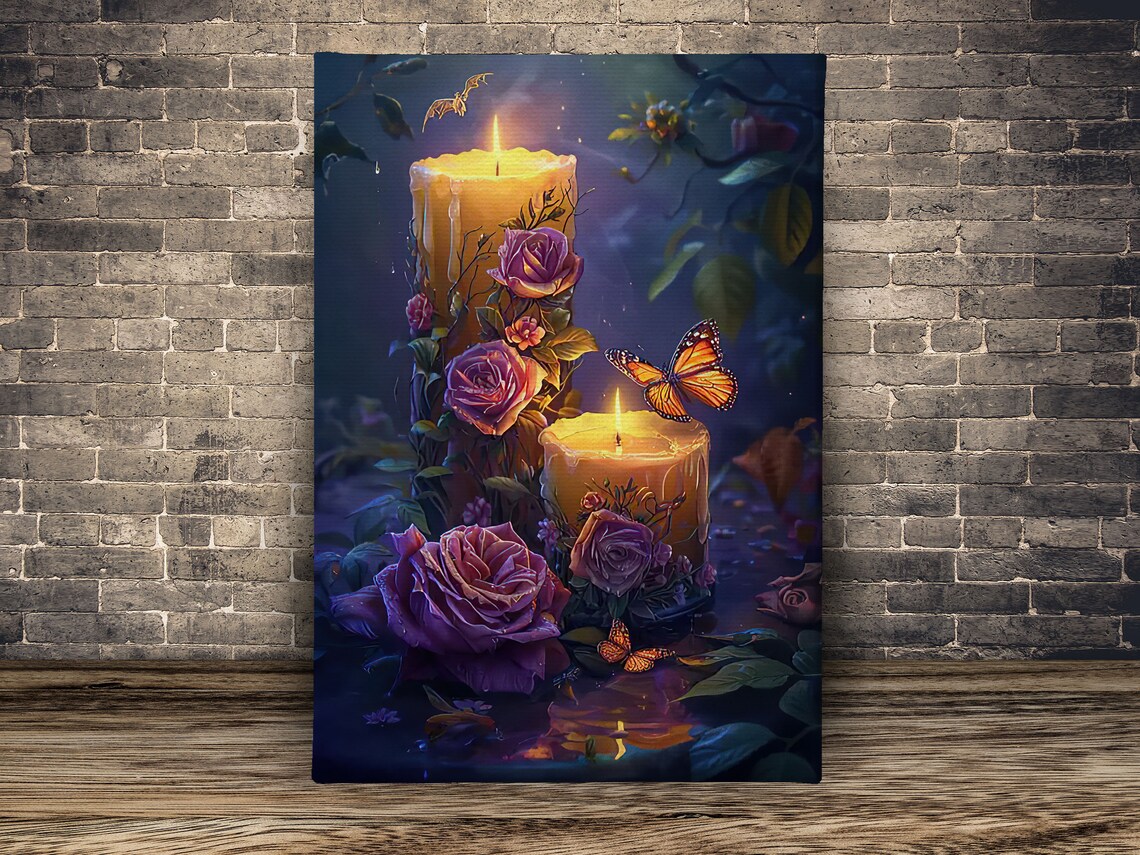 Glowing Candles With Roses And Monarch Butterflies Night Garden Poster - Image 2