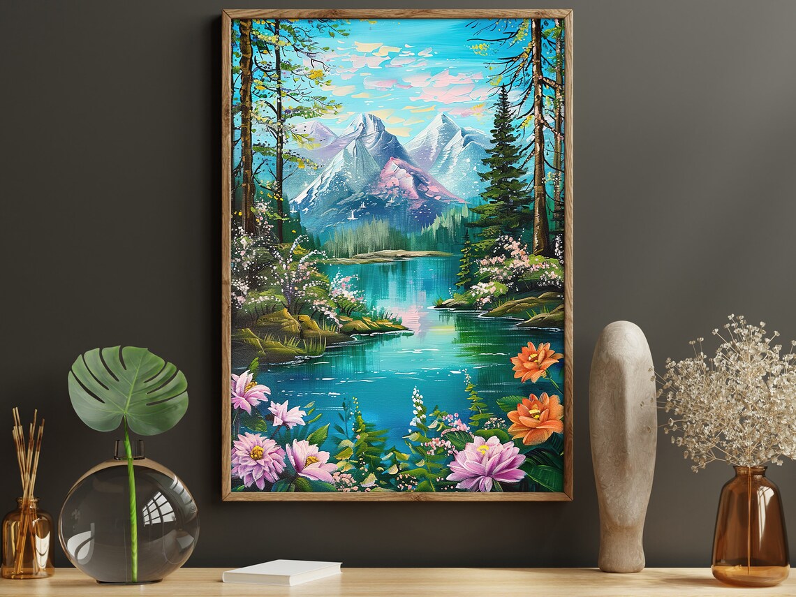 Snow Capped Mountain Lake Pine Forest Flowers Oil Painting Poster - Image 3