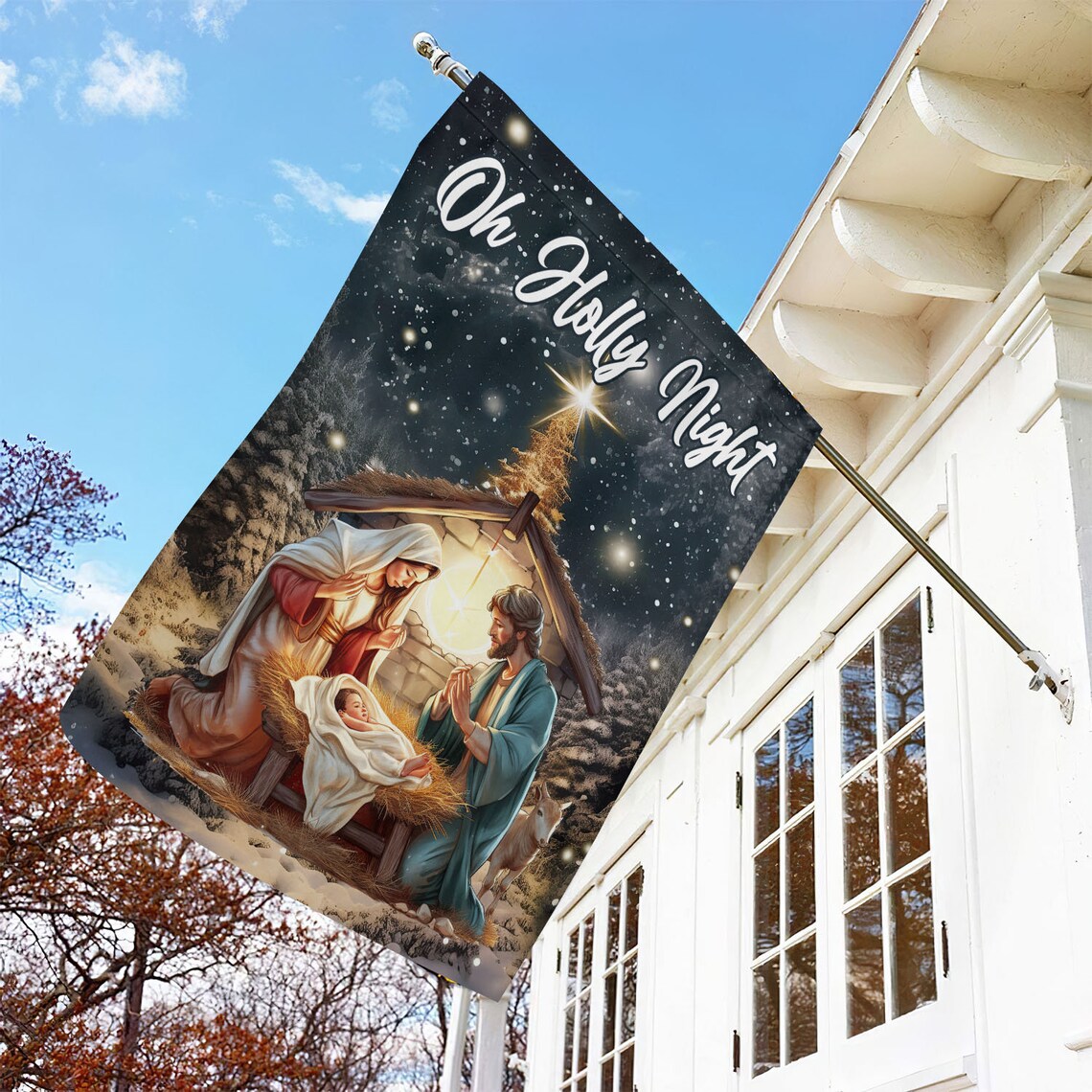 Oh Holly Night Nativity Manger Scene Christmas Garden Flag Snowy Star Decor - Image 3