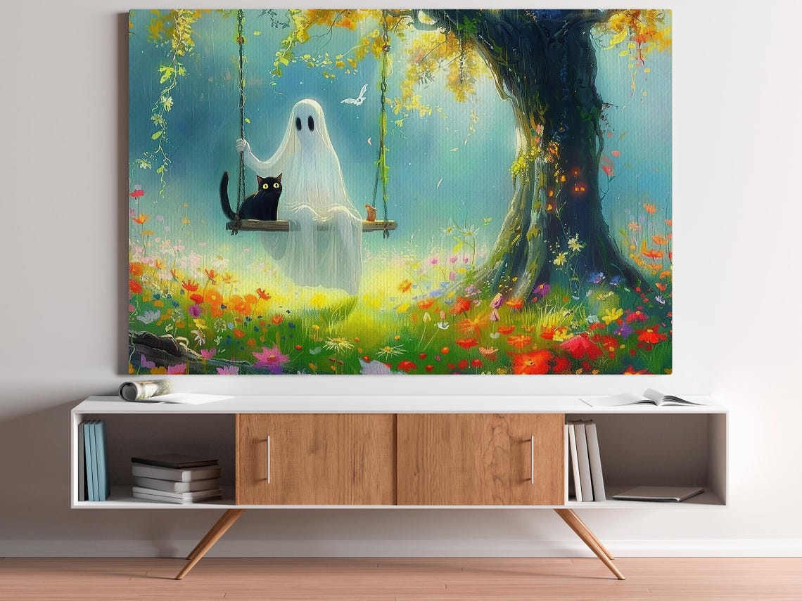 Sweet Ghost on Tree Swing with Black Cat in Sunny Flower Meadow Poster - Image 6