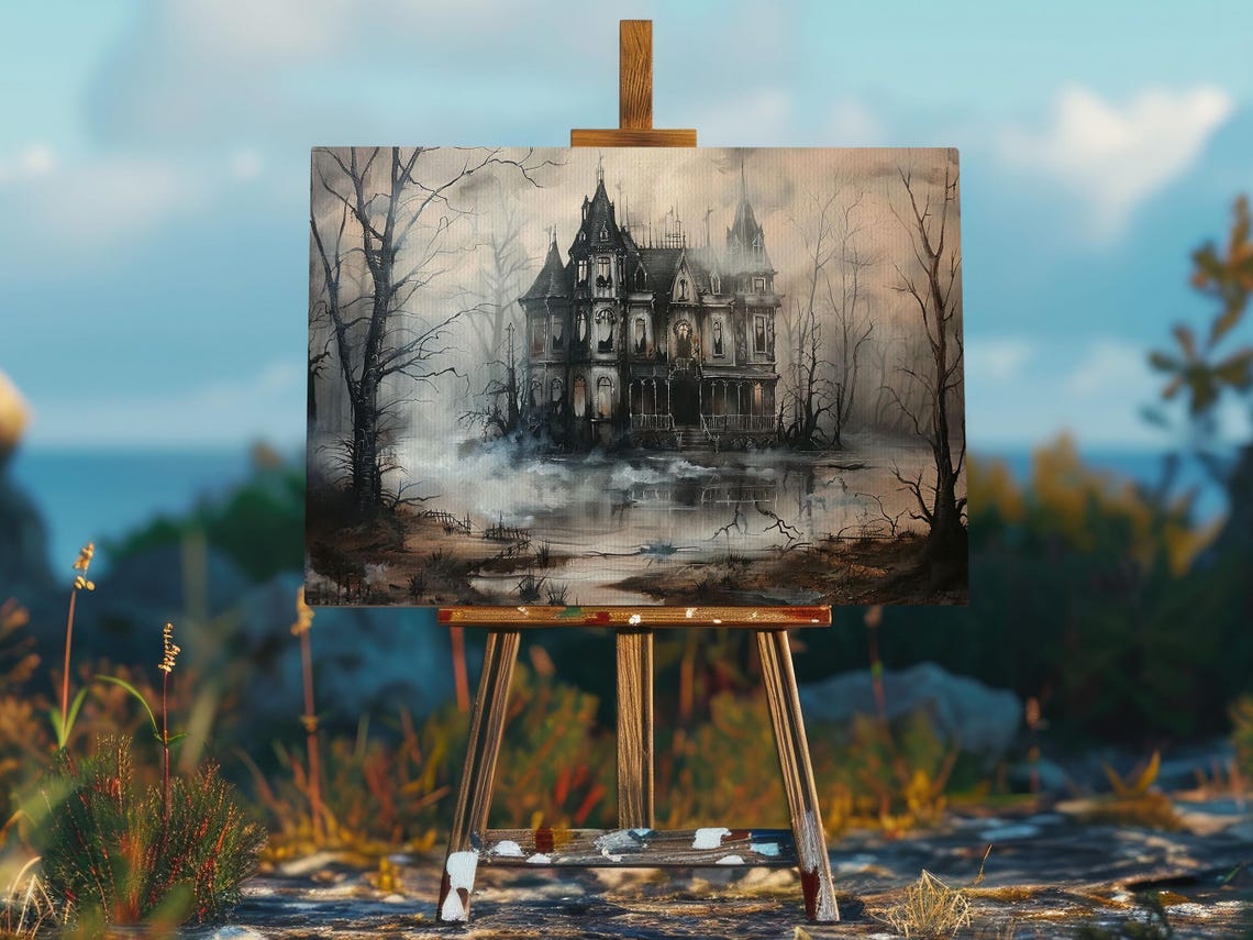 Foggy Haunted Mansion Among Bare Trees Gray Spooky Halloween Print - Image 2