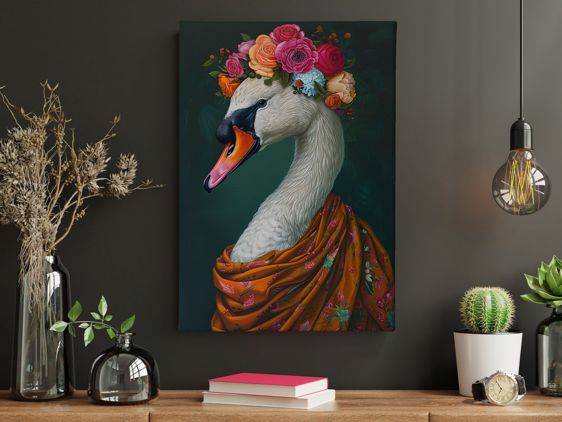 White Swan Flower Crown Floral Drape Elegant Bird Portrait Poster - Image 4