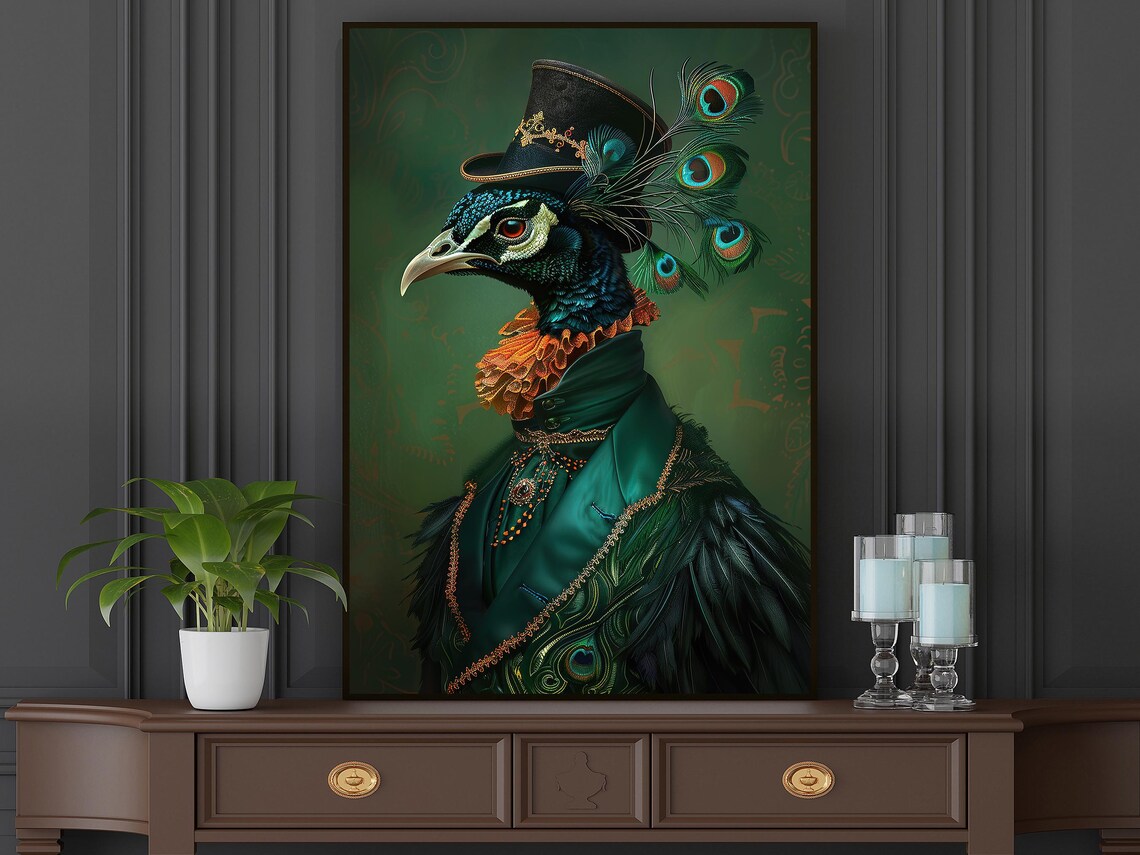 Dark Renaissance Peacock Art Print, Retro Cottage - Image 4