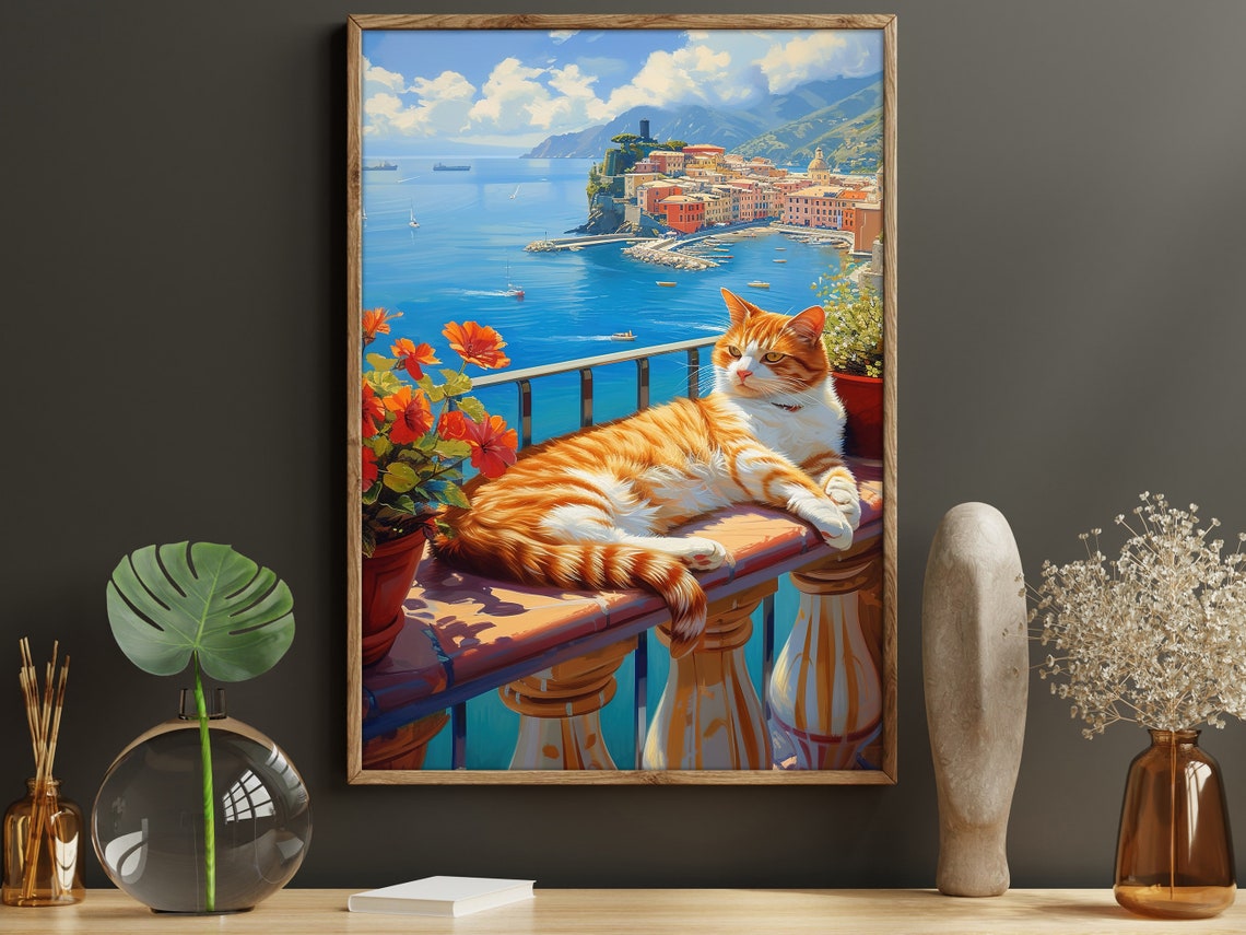 Orange Cat Sunbathing On Coastal Balcony Mediterranean Town Art Poster - Image 5