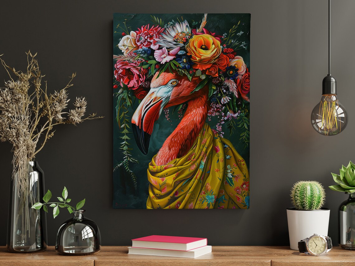 Pink Flamingo Flower Crown Floral Shawl Tropical Bird Art Poster - Image 5