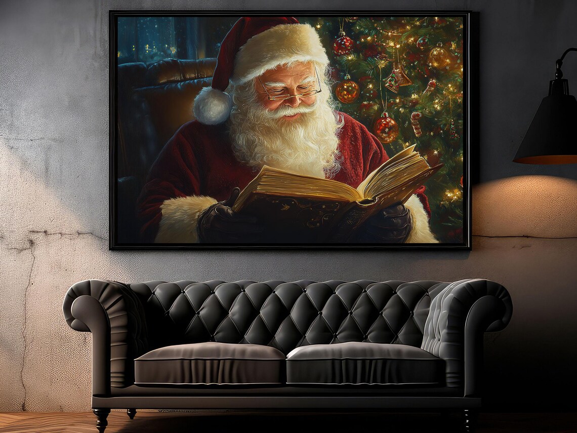 Santa Claus Reading Book Night Window Christmas Tree Lights Quiet Holiday Art Poster - Image 6