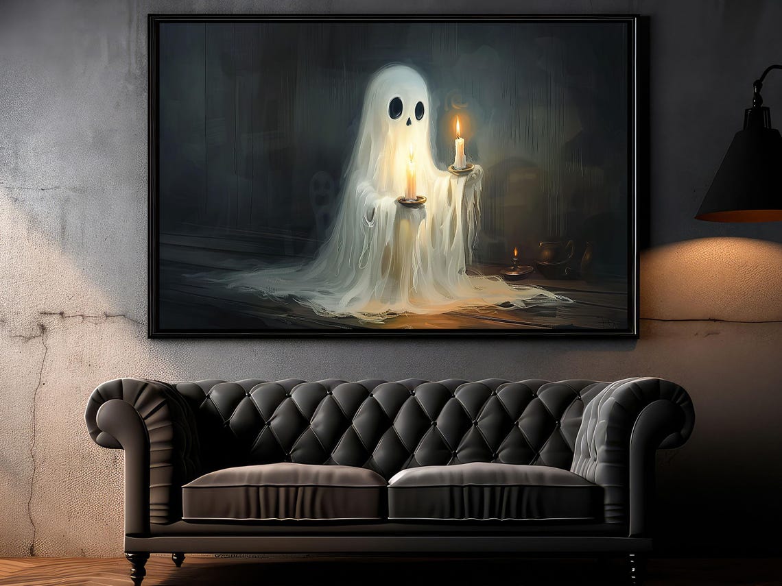 Dark Ghost Holding Two Lit Candles in Spooky Room Candlelight Poster - Image 6
