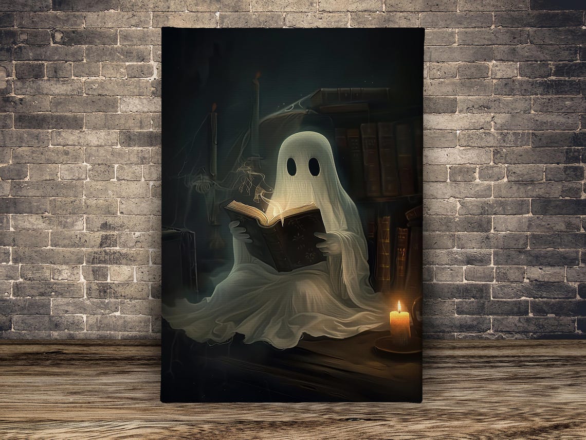 Ghost Reading Glowing Book By Candlelight Cute Halloween Art Print - Image 2