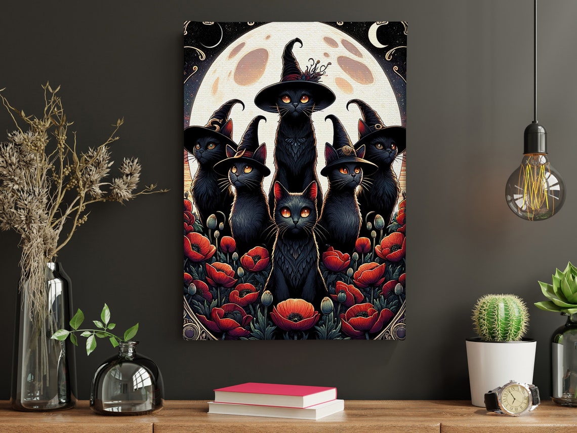 Seven Black Cats In Witch Hats Full Moon Poppies Halloween Wall Poster - Image 4