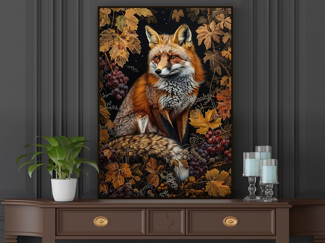 Red Fox Among Grapevines And Autumn Leaves Moody Wildlife Art Poster - Image 5