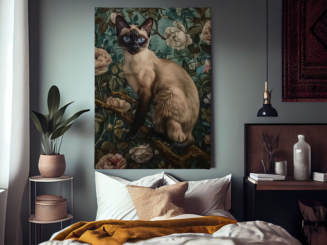 Siamese Cat On Branch Among Roses Dark Floral Pet Portrait Art Poster - Image 2