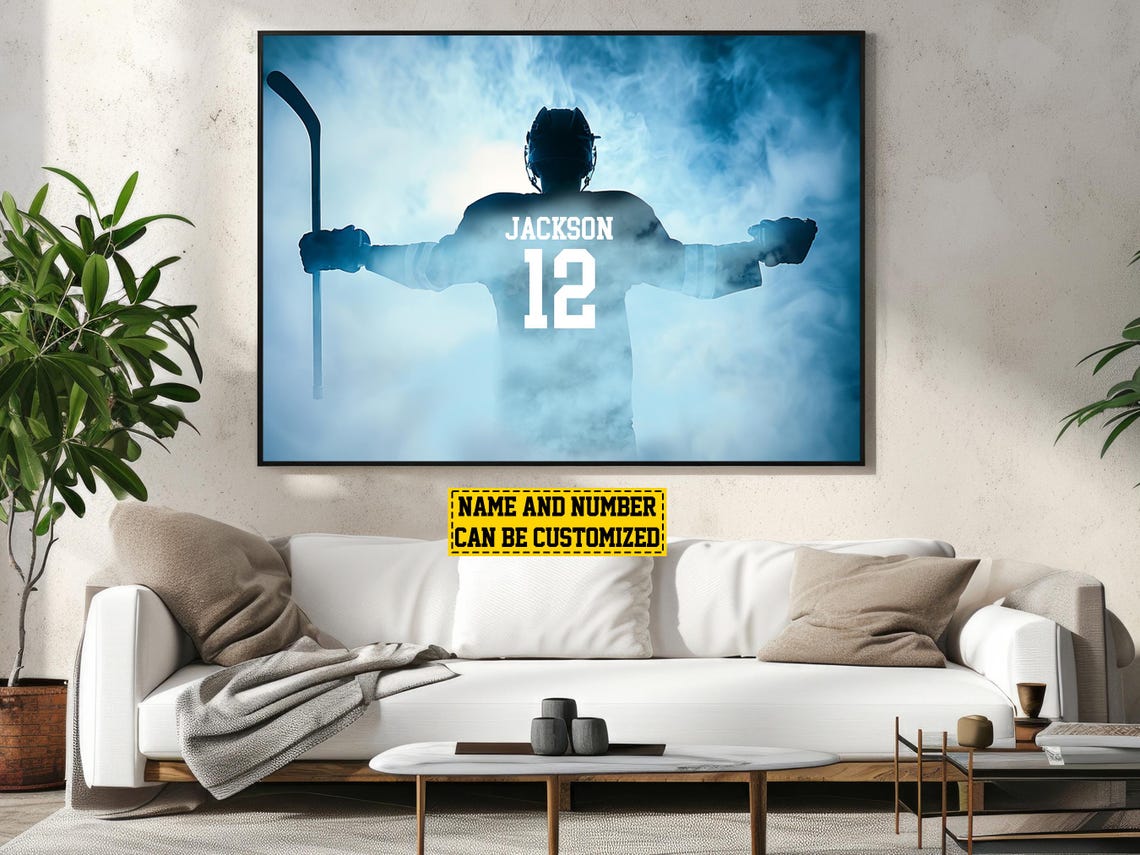Personalized Victory Hockey Player Silhouette Blue Ice Custom Poster - Image 3