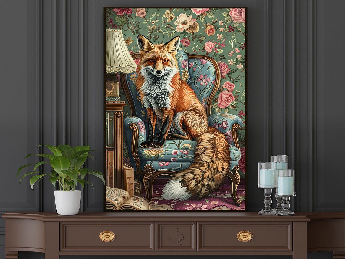 Cottage Fox On Sofa Art Print, Animal Decor - Image 4