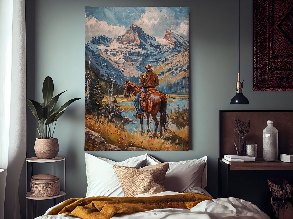 Cowboy On Horseback Snowy Mountain Lake Western Landscape Poster - Image 2