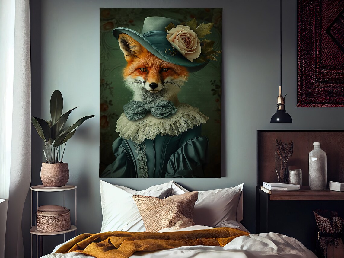 Fox Lady In Teal Victorian Gown Hat With Rose Gothic Portrait Wall Poster - Image 2