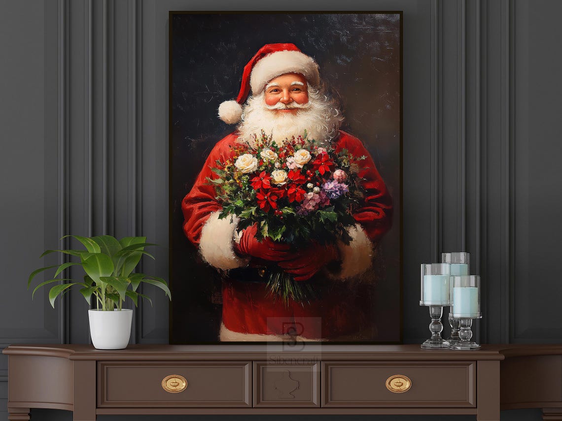Vintage Santa Hold Flowers Painting Warm Santa Print Cottage Santa Claus Poster Print Christmas Wall Art Cozy Christmas Decor - Image 5
