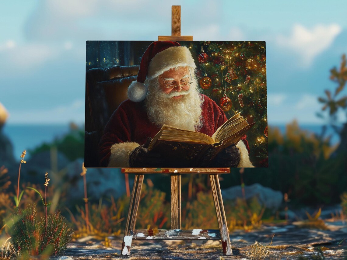 Santa Claus Reading Book Night Window Christmas Tree Lights Quiet Holiday Art Poster - Image 2