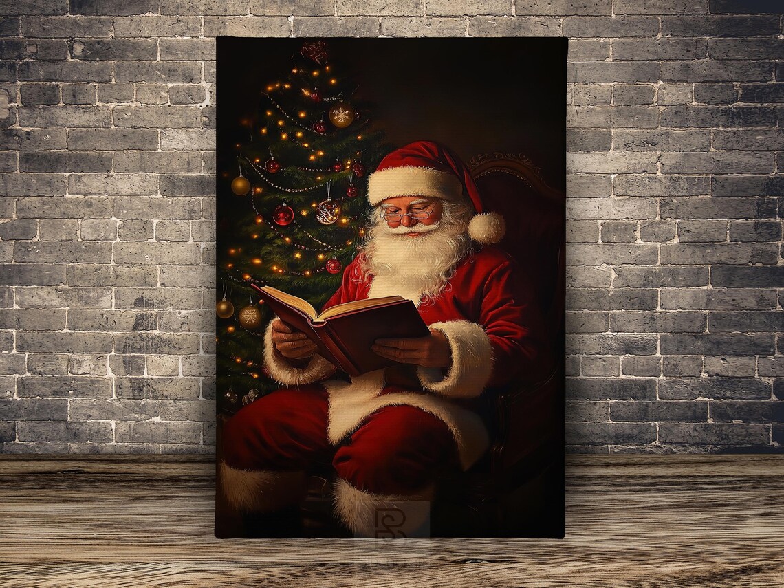 Santa Claus Reading Book In Armchair By Glowing Christmas Tree Night Poster - Image 2
