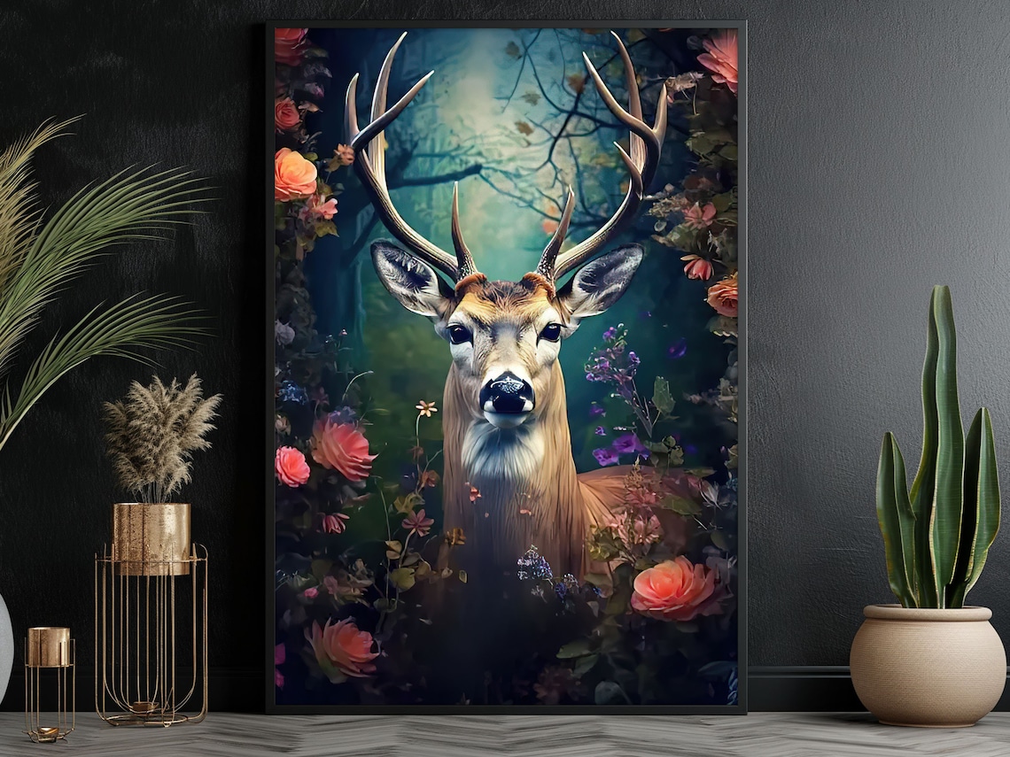 Majestic Stag Antlers Moonlit Blue Forest Flowers Enchanted Wildlife Art