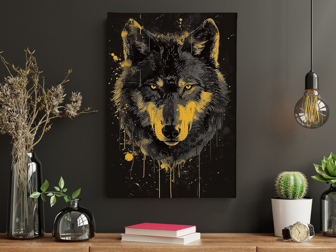 Black Wolf Head With Gold Paint Splatter On Black Modern Wildlife Poster - Image 3