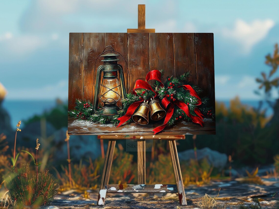Vintage Oil Lantern With Golden Bells And Red Ribbon Pine Decor Poster - Image 2