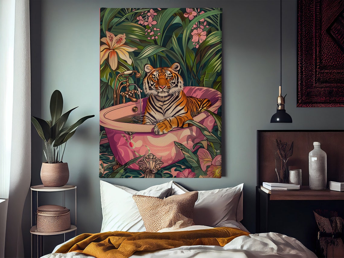 Tropical Tiger In Pink Bathtub Jungle Floral Art Maximalist Poster - Image 3