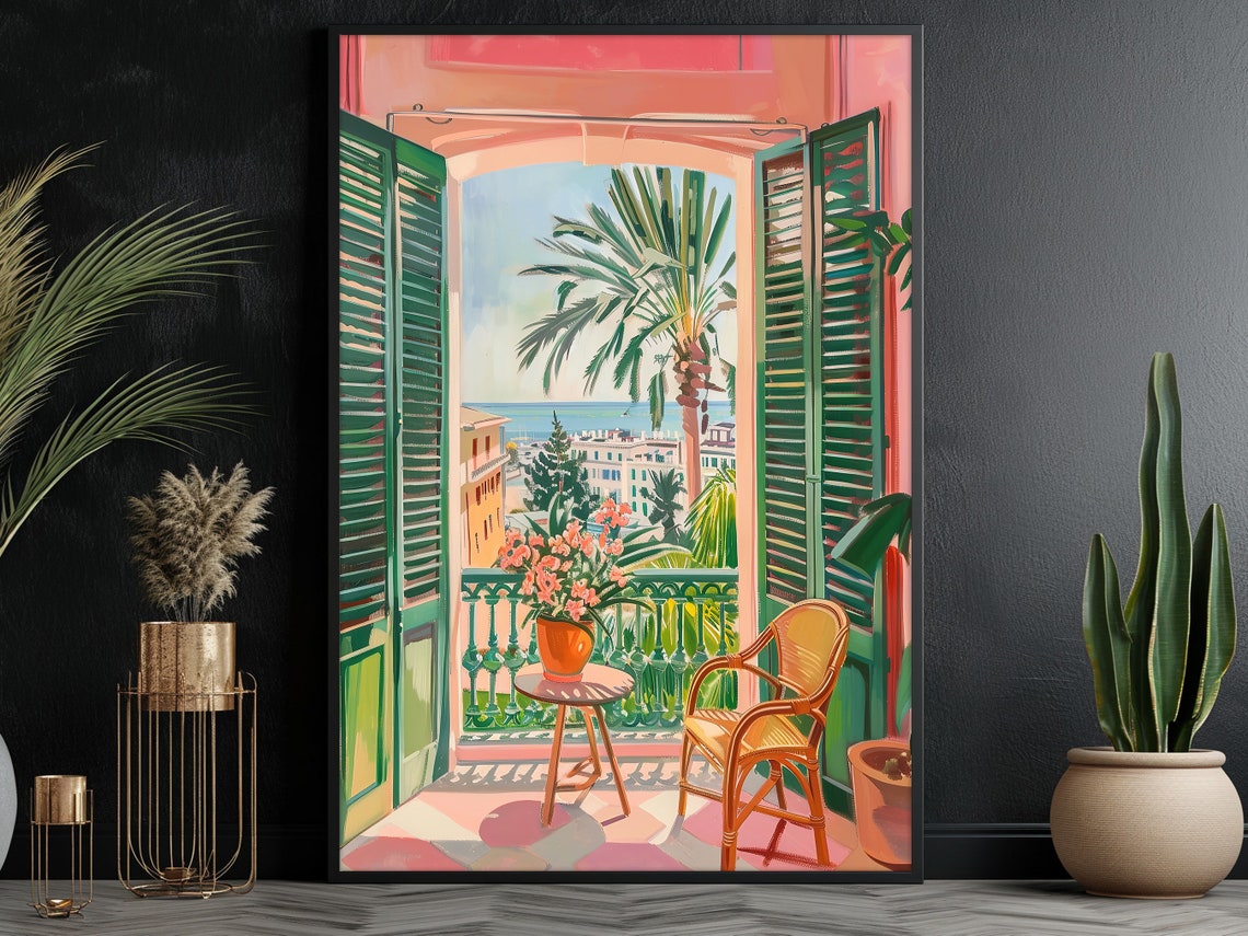Matisse Style Palm Tree Balcony Sea View Green Shutters Wall Poster - Image 3