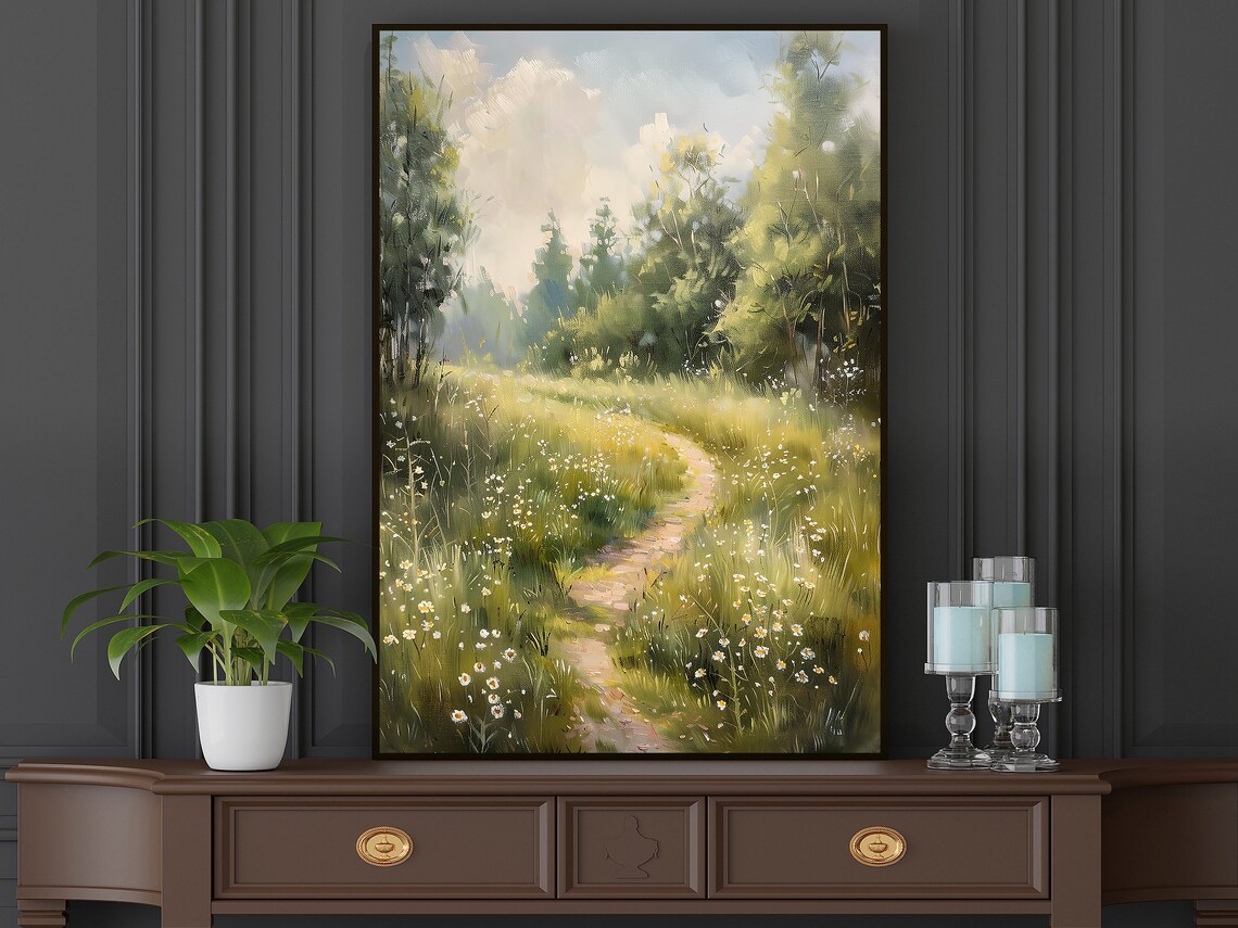 Sunlit Country Path Through Wildflower Meadow Cottage Landscape Poster - Image 5