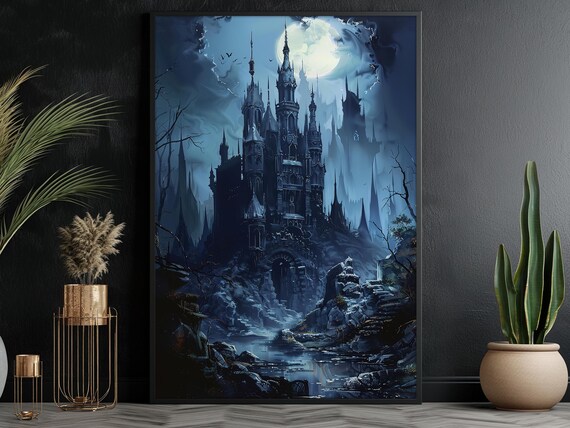 Dark Gothic Castle Under Full Moon with Bats in Misty Blue Night Poster